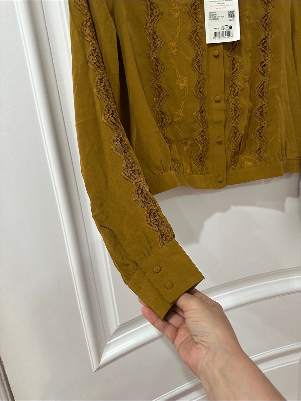 Sezane Olive-Mustard Embroidered Button shirt size 4 - Picture 8 of 16